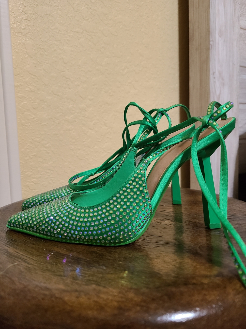 Green Crystal Embellished Pointed Toe Lace-Up Heels I.N.C 5.5M